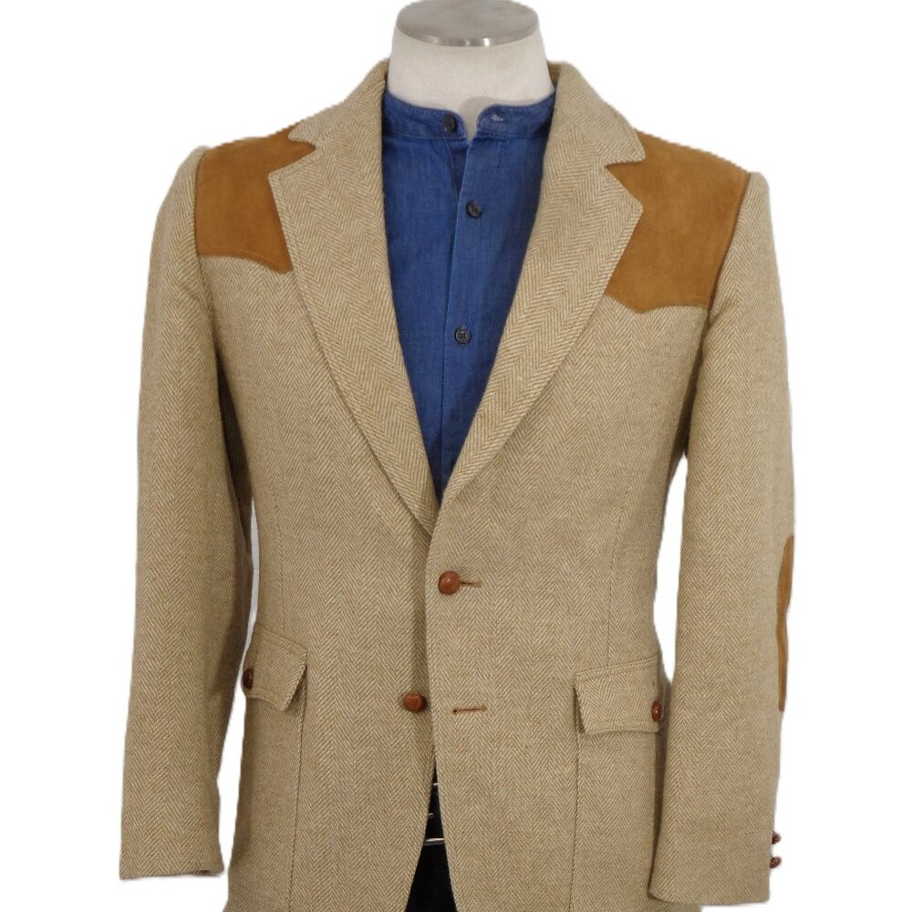 44L Pendleton 100% Virgen Wool Herringbone Sport Coat Slim Fit Patch Elbow Yoke